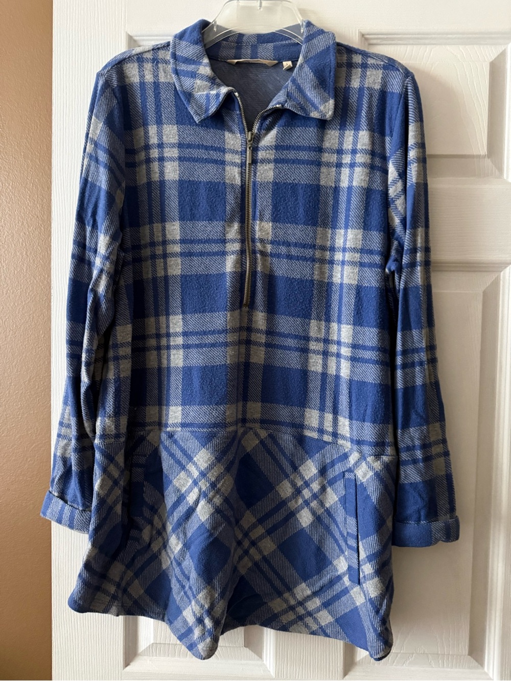 Soft Surroundings Cozy Blue Plaid Quarter-Zip Tunic Sweater L
